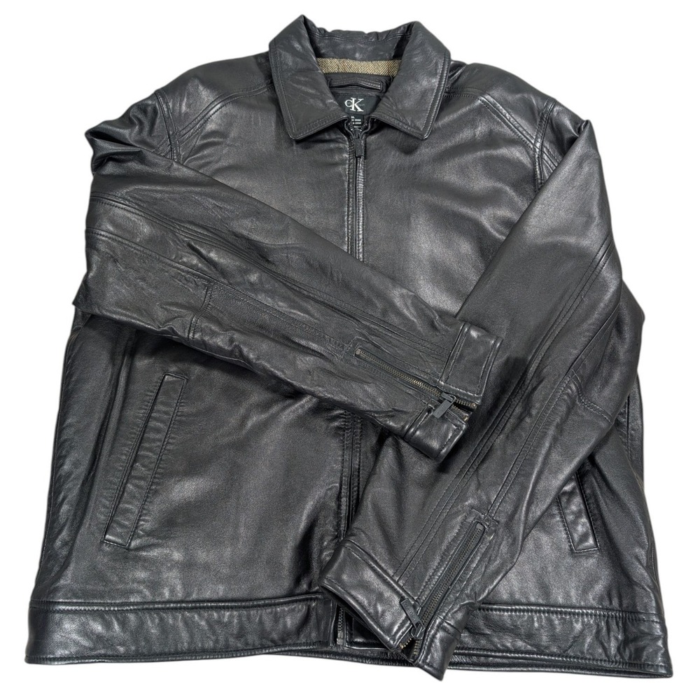Calvin Klein Leather Jacket Mens XL Black Full Zip Tweed Collar Harrington